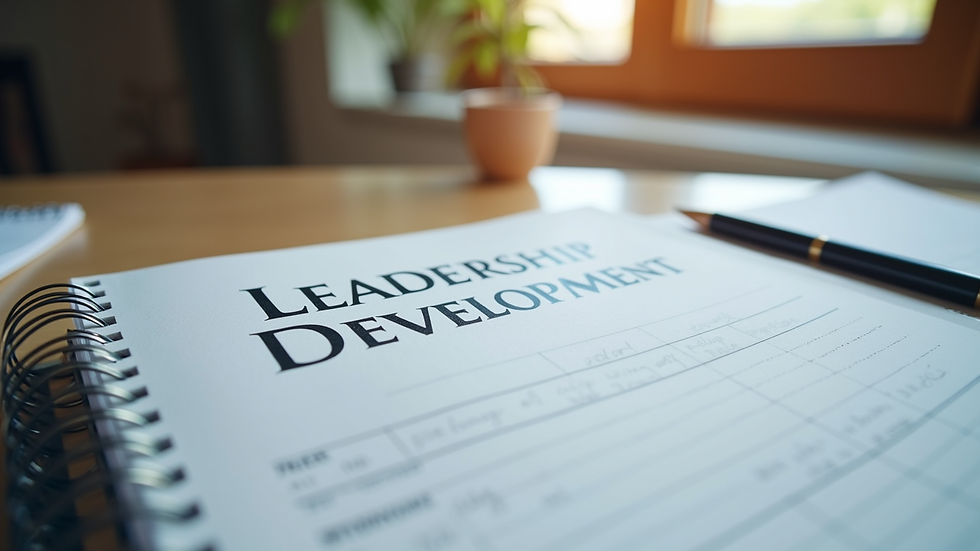 Close-up view of a leadership development workbook and notes on a desk