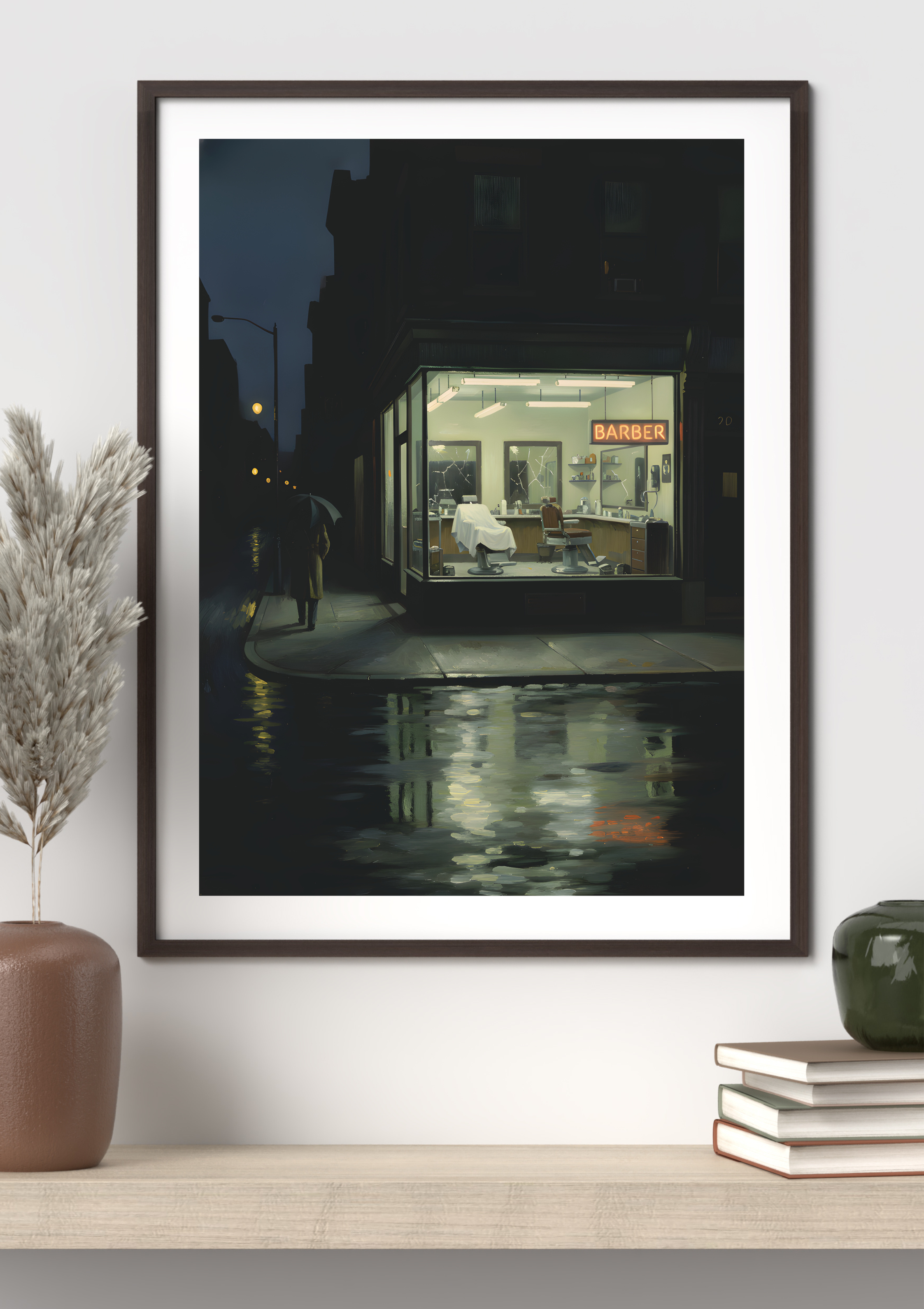 Rainy Barber Shop – Cinematic Night Street Art Print