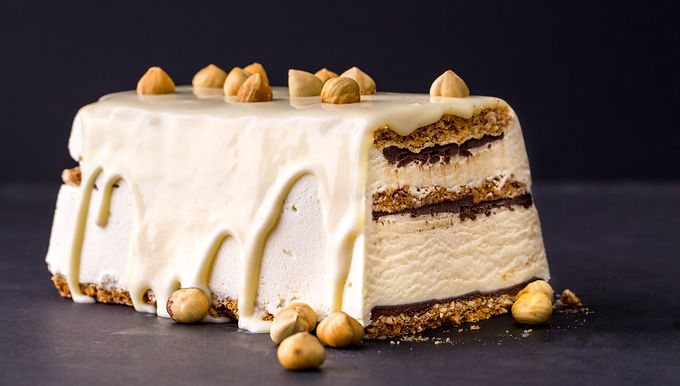 frozen white chocolate & hazelnut dacquoise (dairy)