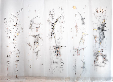 Rebellions Garden, 2024, Sumi ink and acrylic on ten non-woven transparent textile layers, 200 × 600 cm (78 × 236 in), Manchester, UK
