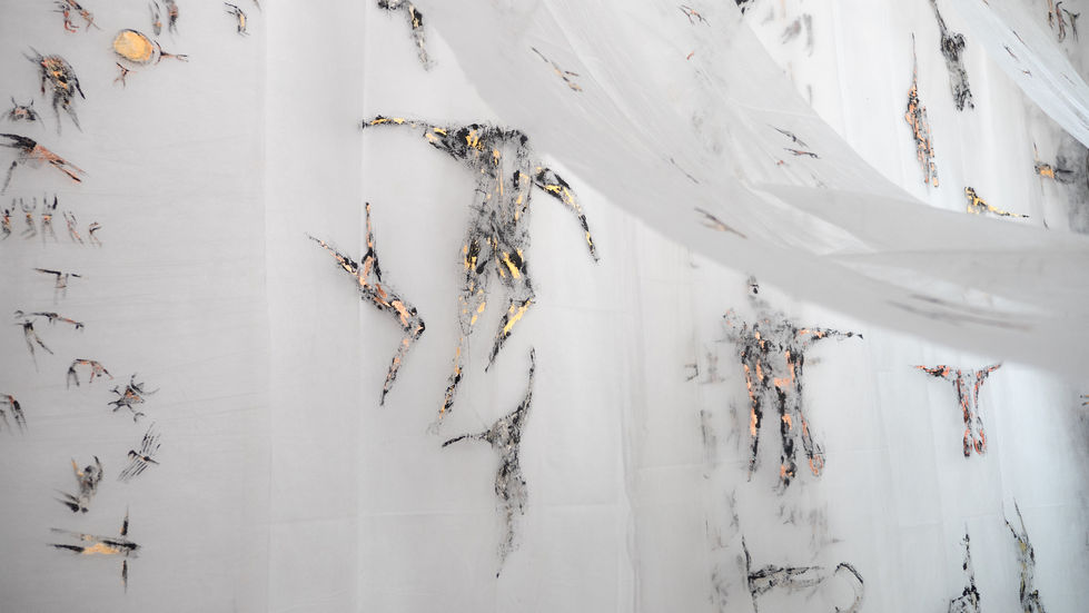 2024, Sumi ink and acrylic on ten non woven, transparent fabric layers, From the series “History of Invisible Histories", Impermanence, Manchester Day Festival Performance, Manchester, UK