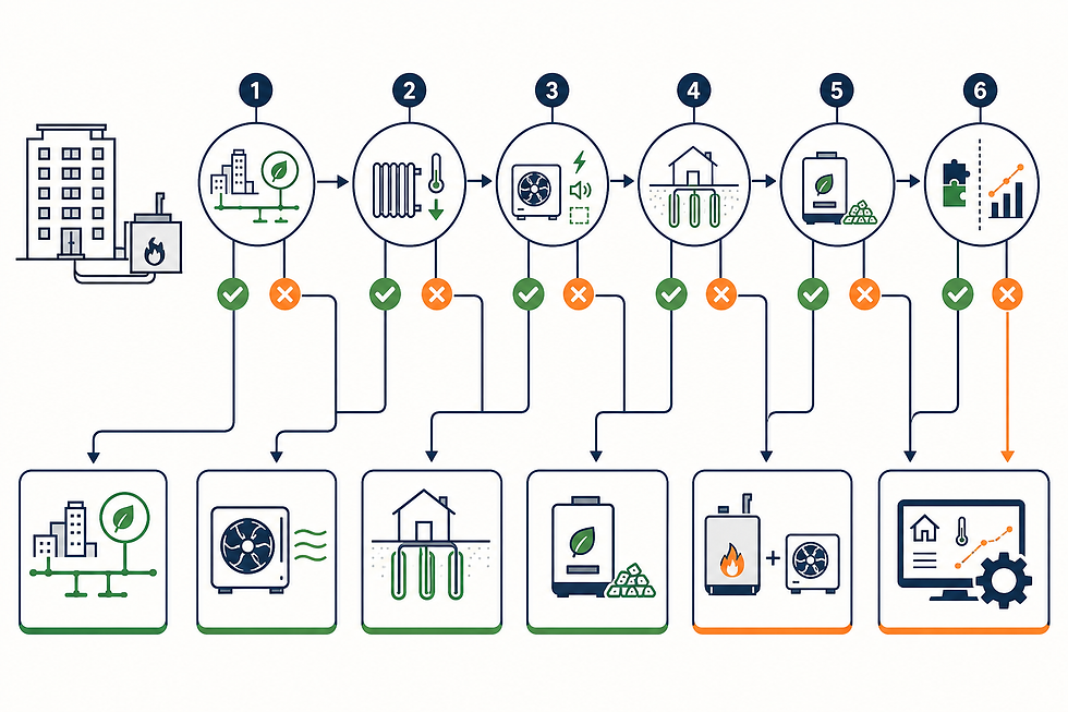 Arbre de décision pour orienter une copropriété entre réseau de chaleur, pompe à chaleur, géothermie, biomasse, solution hybride ou optimisation de chaufferie.