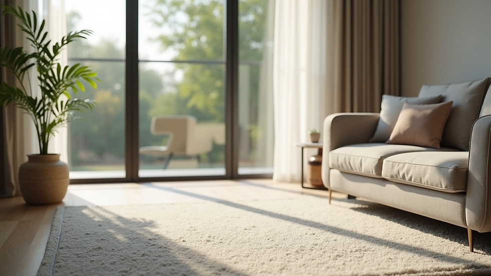 High angle view of a clean living room with eco-friendly cleaned carpet and upholstery