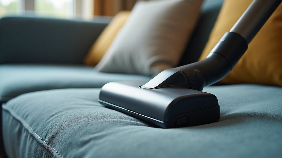 Close-up view of a vacuum cleaner nozzle on a fabric sofa