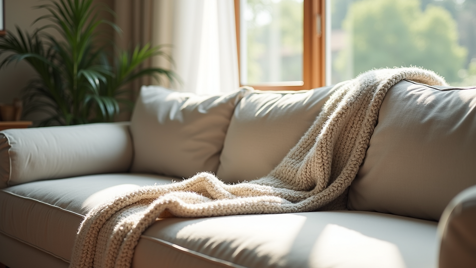 High angle view of a clean and freshly cleaned fabric sofa in a living room