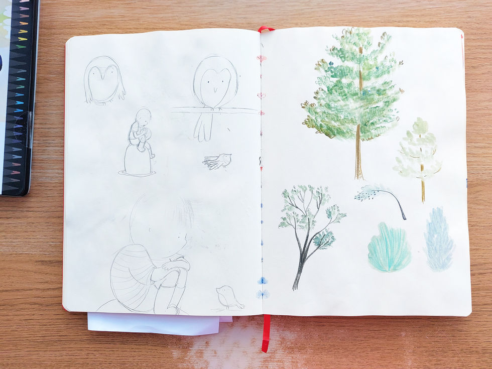 Trees and character sketches using pencil and watercolour by picture book artist and illustrator Olivia Green