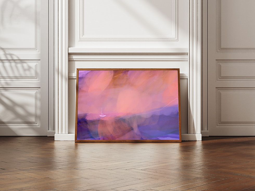 The Little Boat seascape print displayed in elegant home setting — coastal illustration by Jenny Fernley.