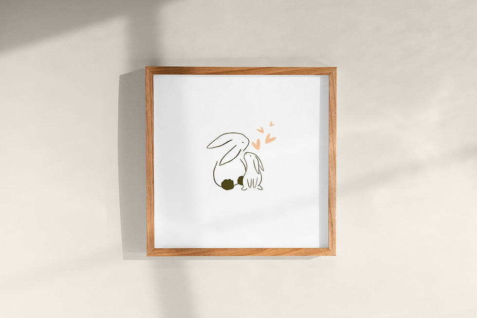 an art print by Jenny Fernley showing a mother rabbit looking down at her baby bunny with four hand painted hearts floating