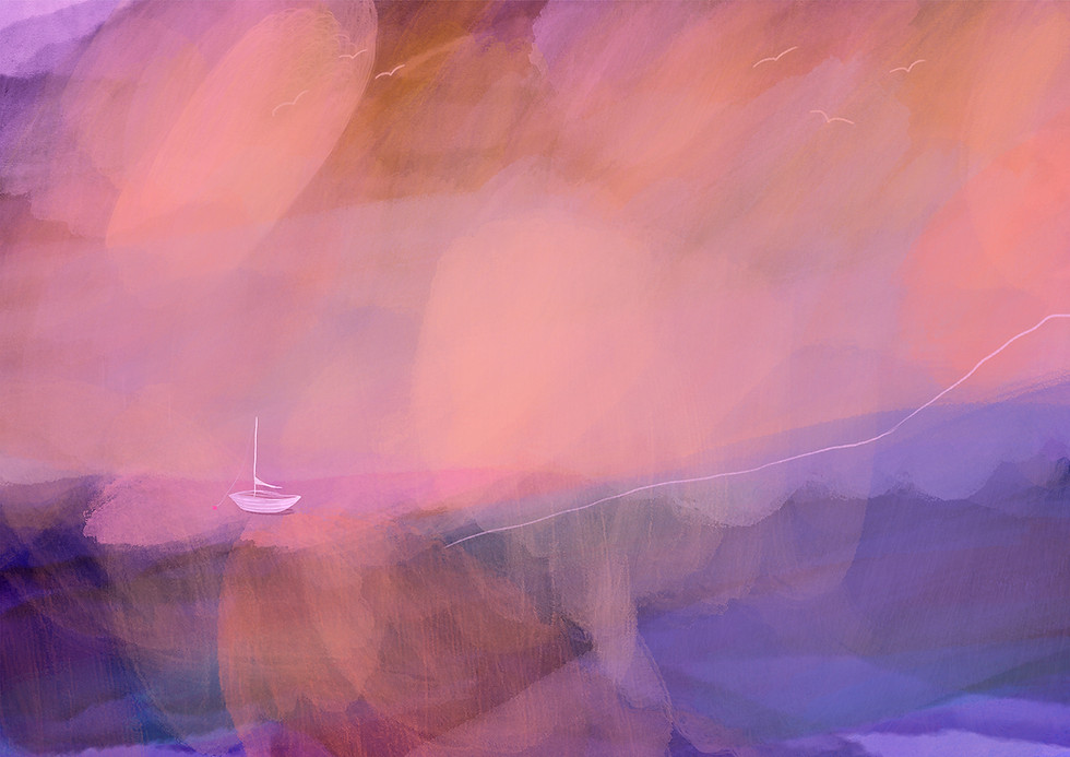 Cornish seascape illustration print by Jenny Fernley showing a small boat on tumbling waves under a soft pink sky