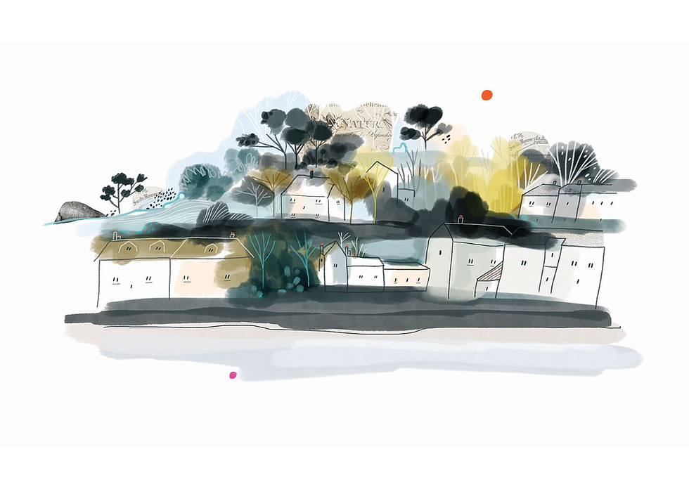 Houses-By-The-River-Devon- illustration of buildings by the river in Devon, painterly splashes of colour with line work