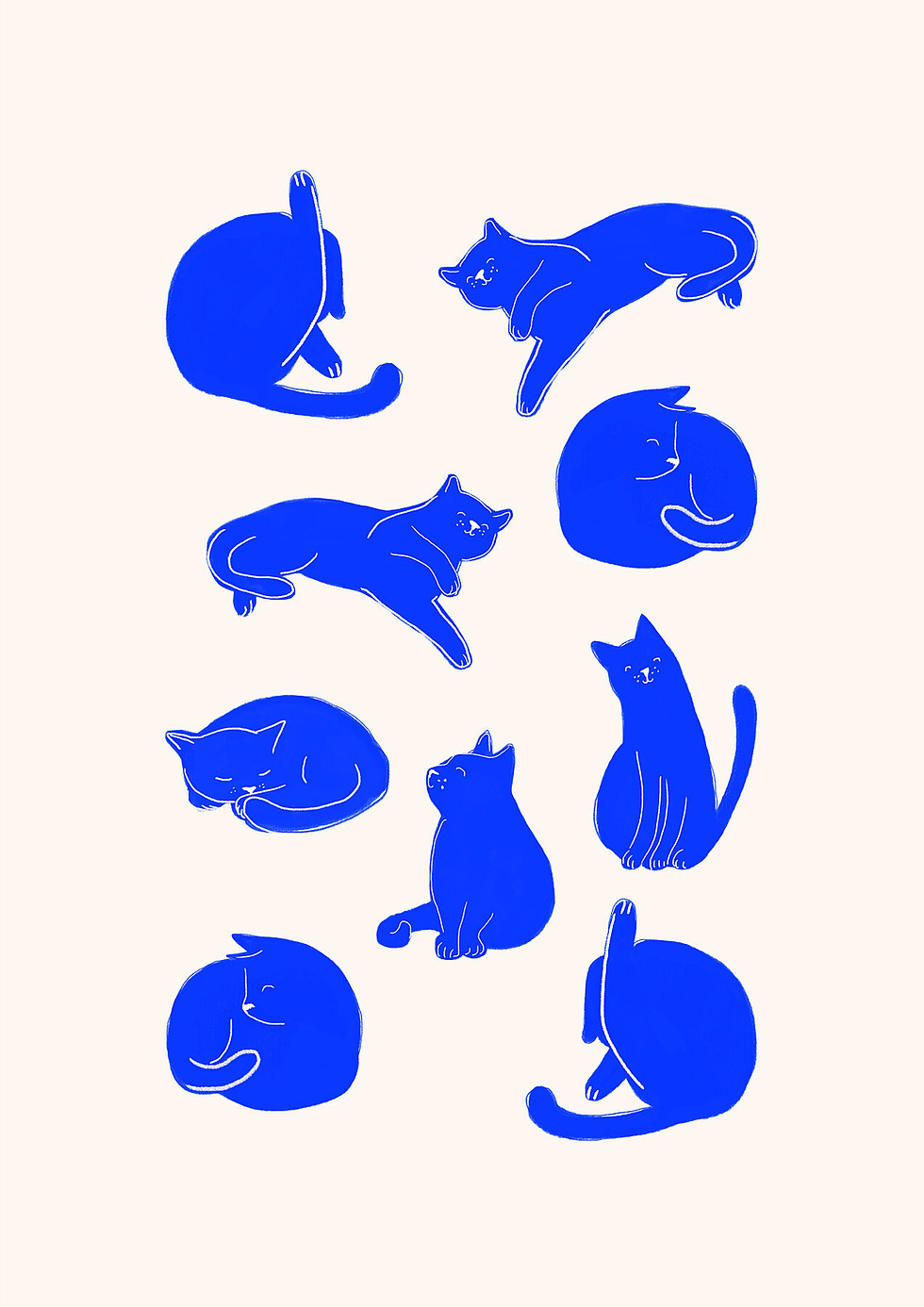 Playful blue cats illustration art print on Hahnemühle paper — fun modern wall art for cat lovers