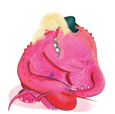 Hand drawn illustration of a pink dragon asleep with Josie a little girl asleep on his back. A textured, painterly portfolio artwork by Jenny Fernley.