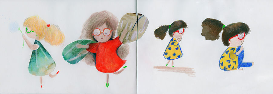 Character ideas: gouache, ink, pencil and collage experiments illustrated by Jenny Fernley