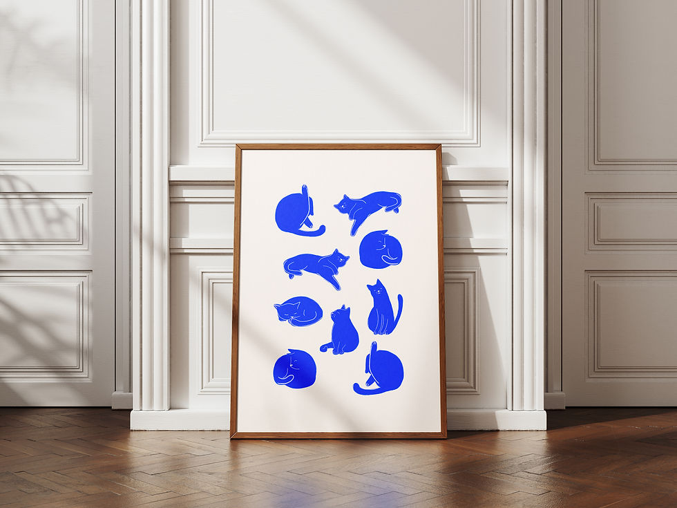 Blue cats illustration art print styled in living room setting — playful modern cat artwork