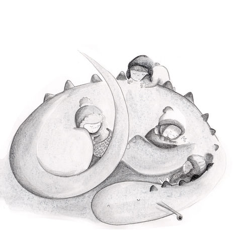 Hand Drawn Pencil portfolio Illustration of  a Dragon and children sleeping curled up by Jenny Fernley