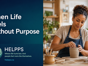 Woman shaping clay in a pottery studio beside the title “When Life Feels Without Purpose” and HELPPS branding.