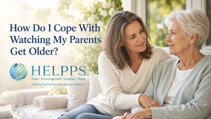 Adult daughter spending time outdoors with her aging father for the HELPPS article, How Do I Cope With Watching My Parents Get Older?