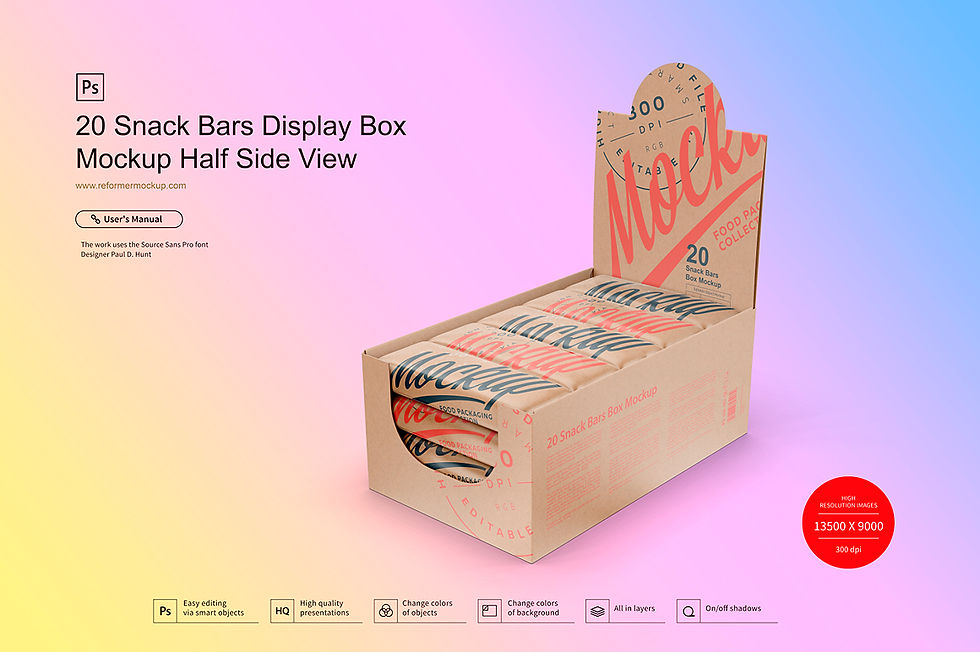Thumbnail: 20 Kraft Snack Bars Display Box Mockup Half Side View
