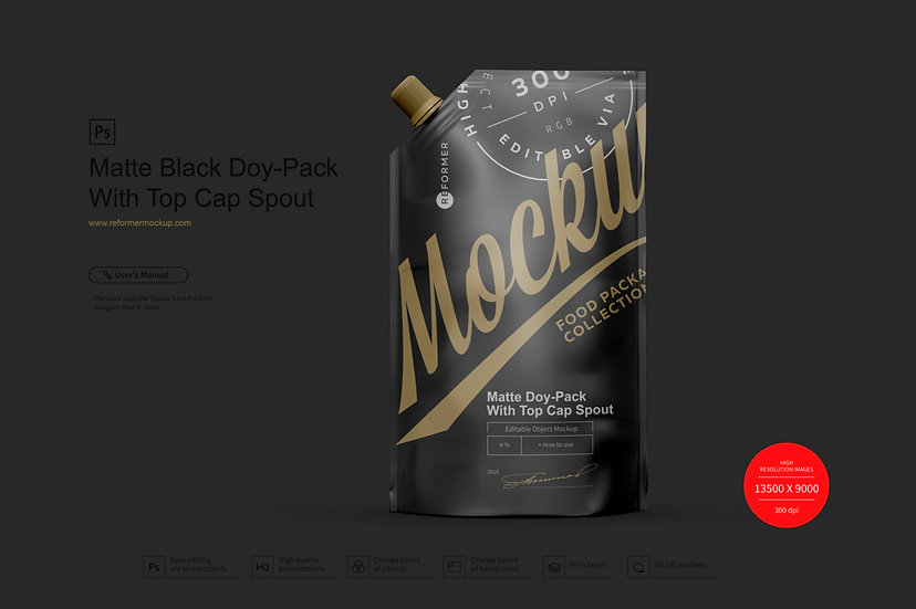 Download Matte Black Doy-Pack With Top Cap Spout | Reformer Mockup
