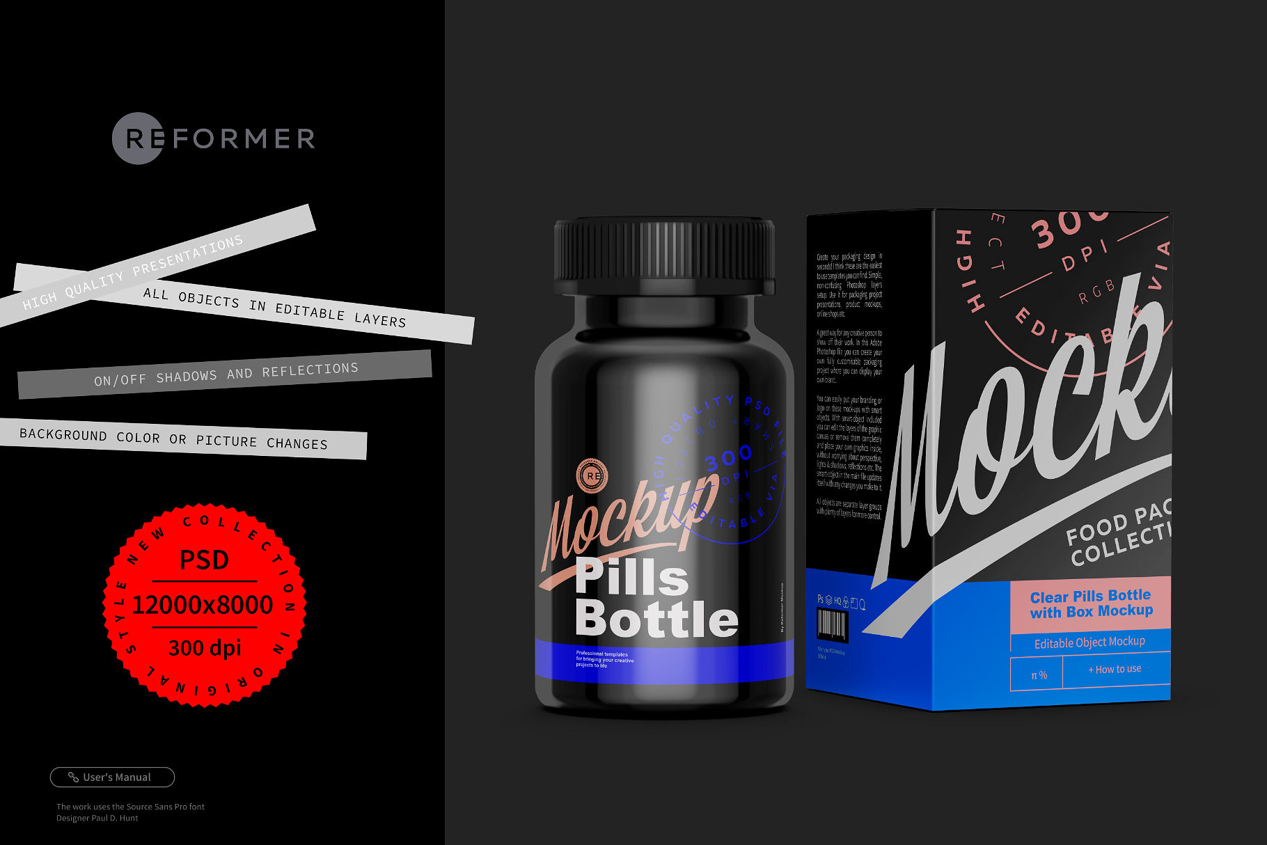 Black Pills Bottle with Box Mockup