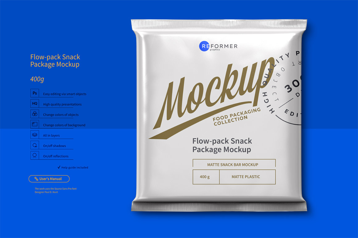 Download Flow-pack Snack Bar Mockup 400g | Reformer Mockup