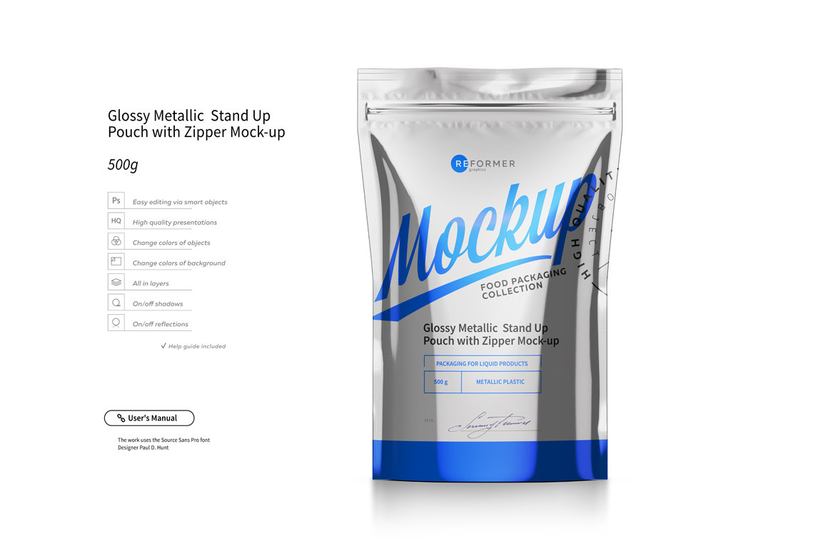 Download Metallic Stand Up Pouch with Zipper Mockup | Reformer Mockup