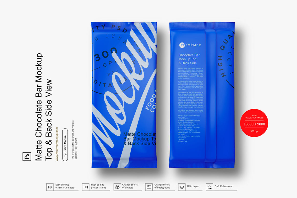 Matte Chocolate Bar Mockup Top & Back Side View
