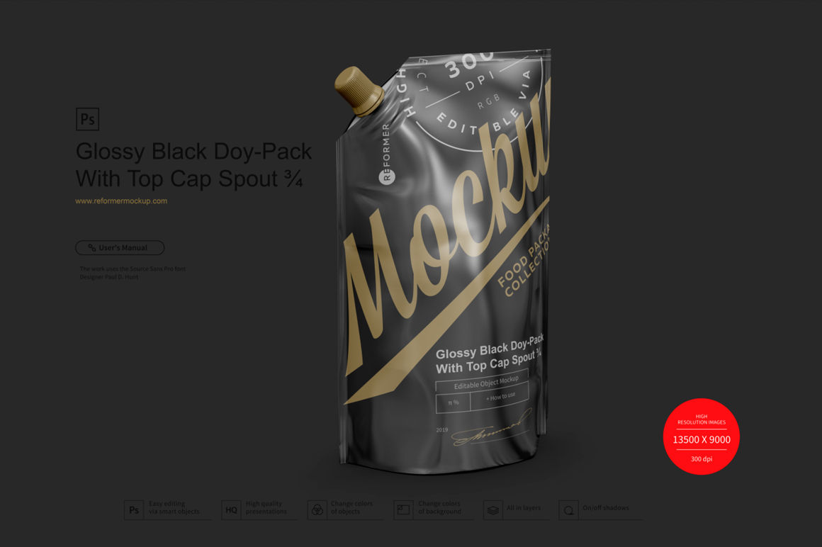 Glossy Black Doy-Pack With Top Cap Spout ¾