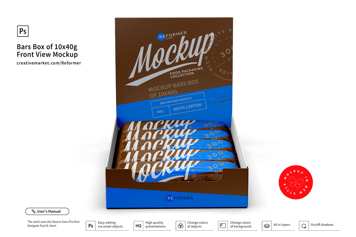 Bars Box of 10x40g Front View Mockup