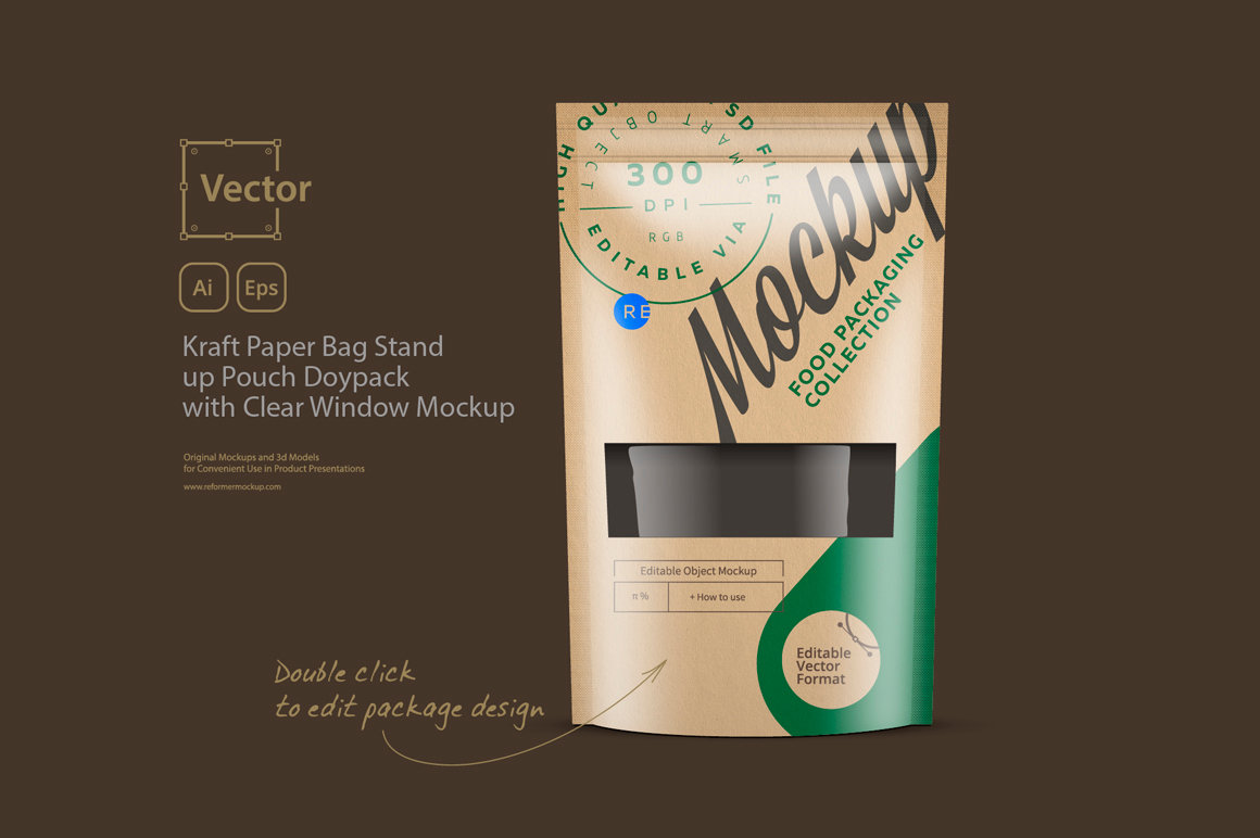 Download Kraft Paper Bag Stand Up Pouch Doypack With Clear Window Mockup Reformer Mockup