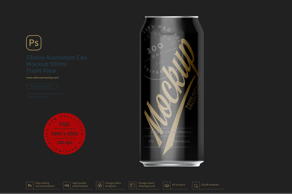 Thumbnail: Glossy Aluminum Can Mockup 900ml Front View