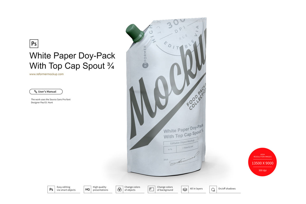 White Paper Doy-Pack With Top Cap Spout ¾ Mockup