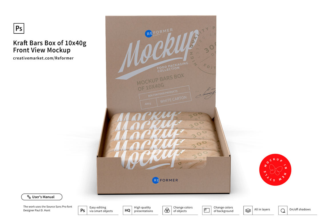 Kraft Bars Box of 10x40g Front View Mockup