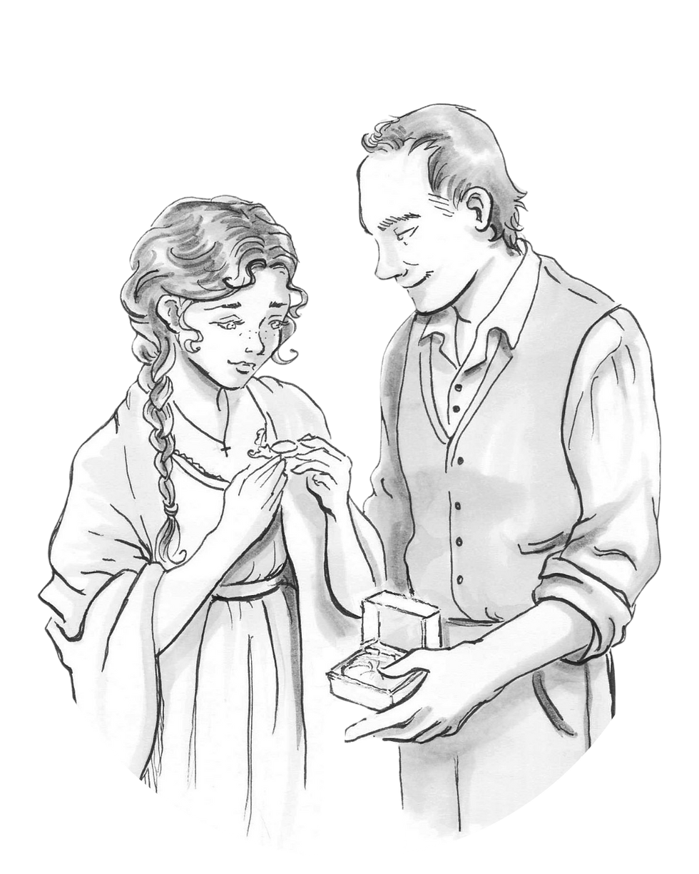 A pen and ink illustration by Holly Rhiannon of Bridget receiving the brooch from Michael