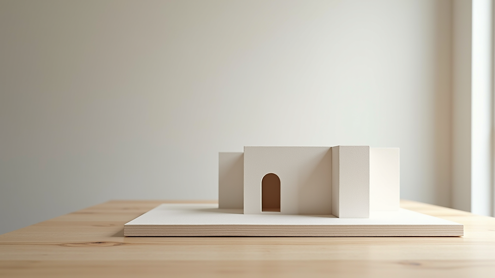 Wide angle view of a minimalist architectural model on a wooden table