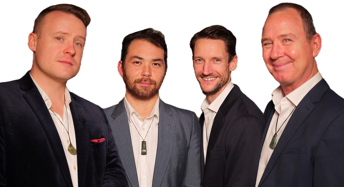 The orchestra leaders stand in a semi circle, looking at the camera, from left to right Oscar Lavën, Kaito Walley, Mike Taylor and John Rae