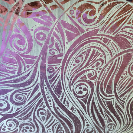 Sarah Davis - detail of sgraffito painting on pink glass