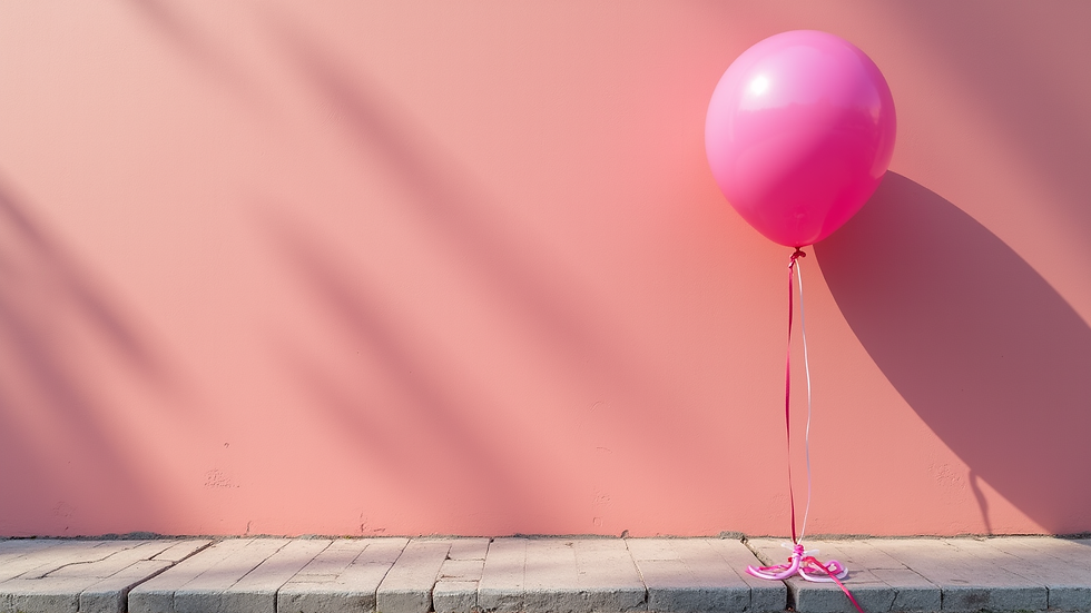 Vue en contre-plongée d’un mur coloré à Charleroi avec un ballon rose en premier plan
