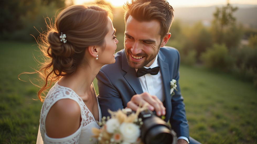 Vue à hauteur d’œil d’un photographe en action lors d’un mariage en extérieur