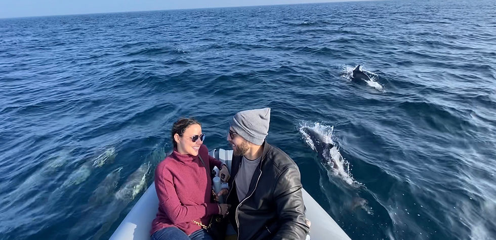 Couple sitting on a boat surrounded by dolphins during a private ocean adventure with Off The Grid.
