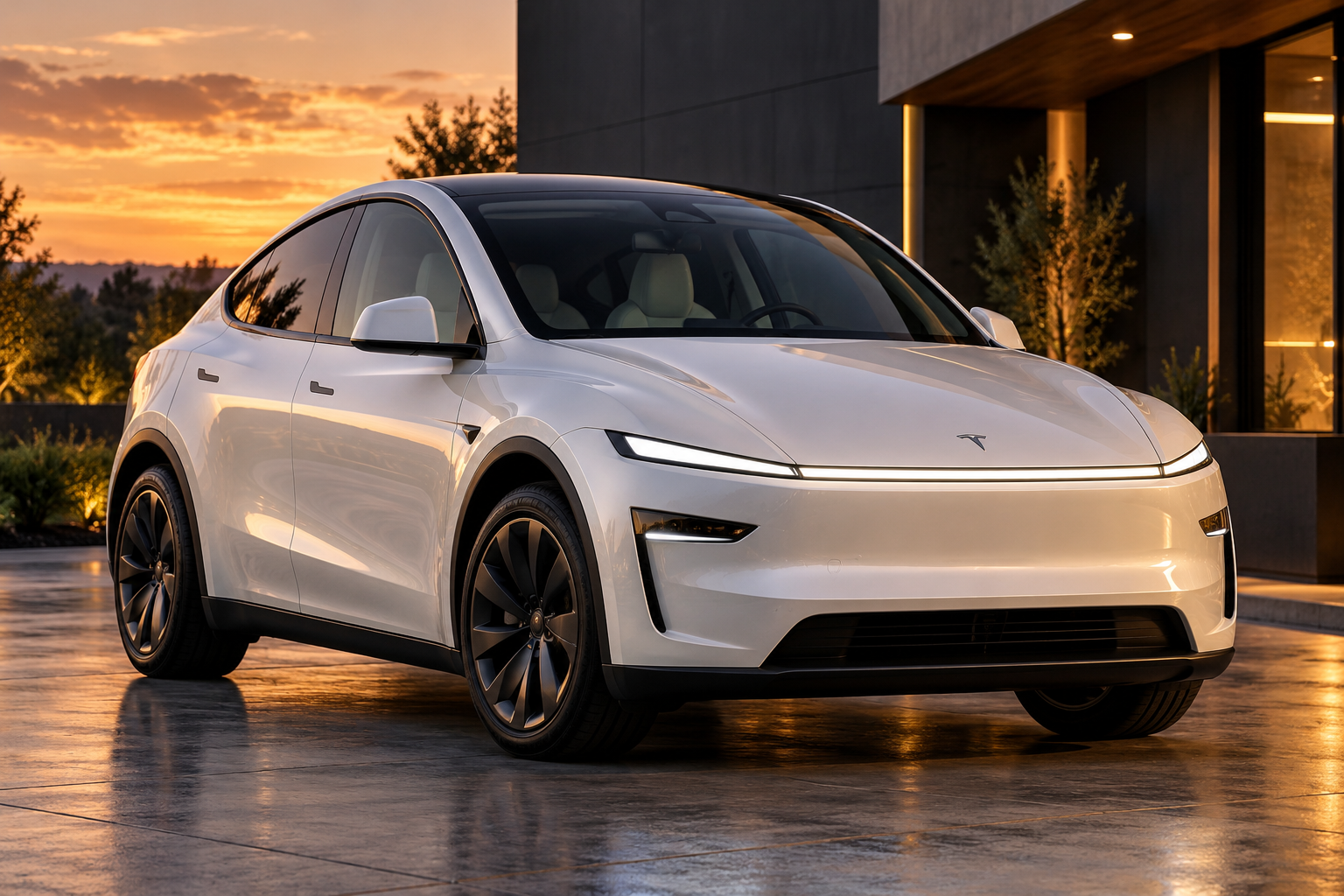 Illustrative rendering of a white electric crossover inspired by the refreshed Tesla Model Y
