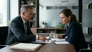 A woman who was involved in a truck accident interviewing a potential truck accident attorney