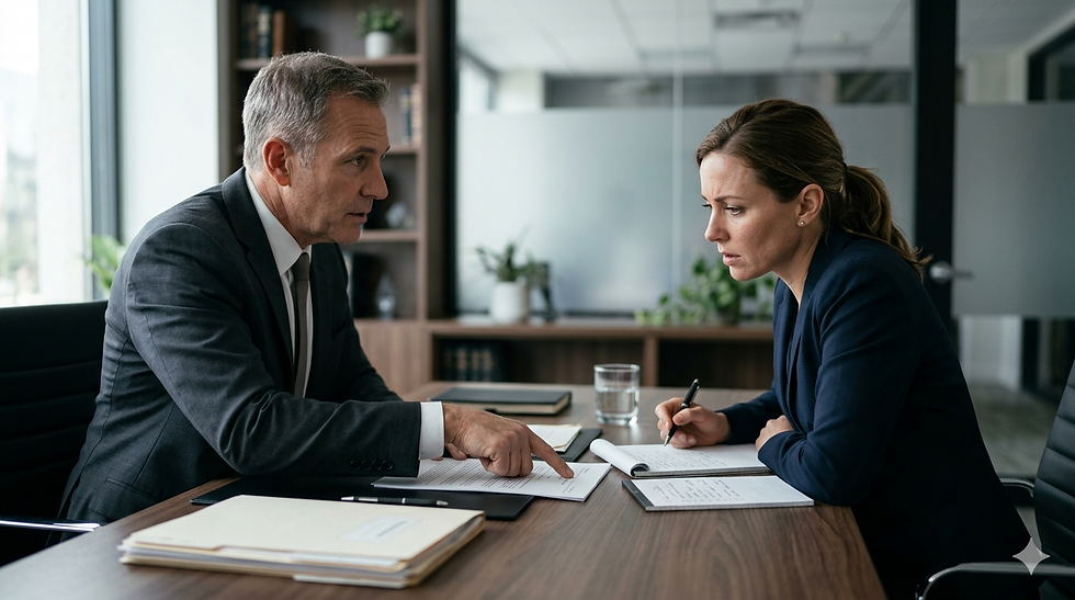 A woman who was involved in a truck accident interviewing a potential truck accident attorney