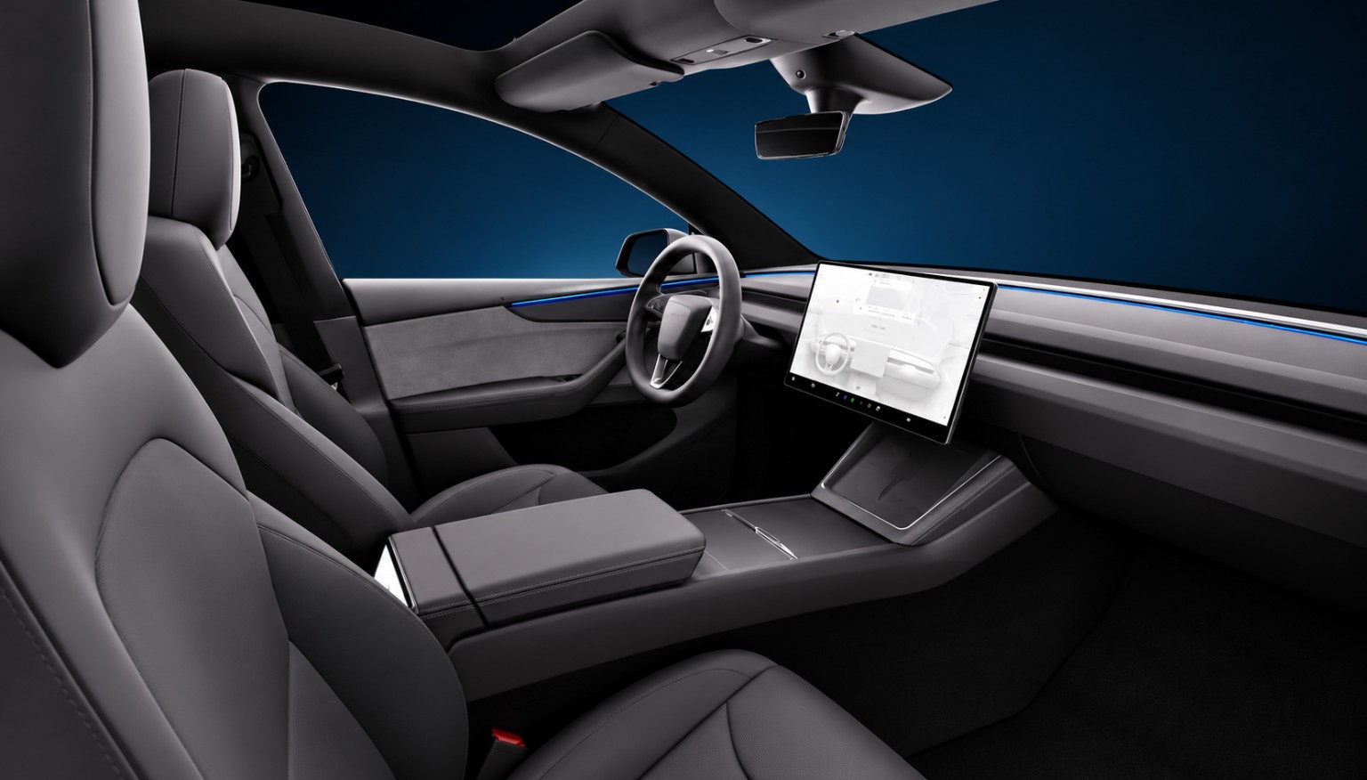 Tesla-style interior photograph: White-seat rear bench · Studio