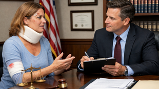 An injured woman meeting with a truck accident lawyer