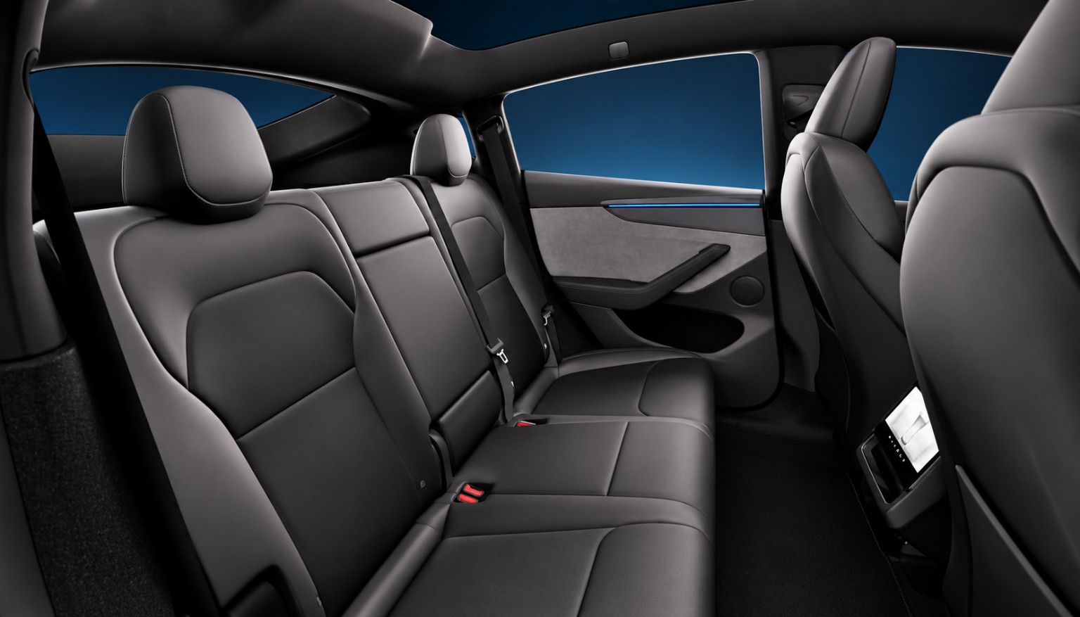 Tesla-style interior photograph: White-seat front cabin · Studio