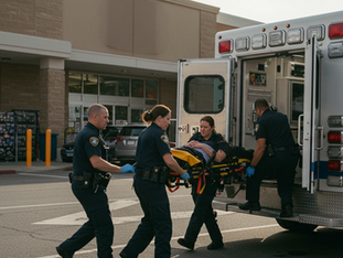 A woman with a slip and fall brain injury being placed inside an ambulance.