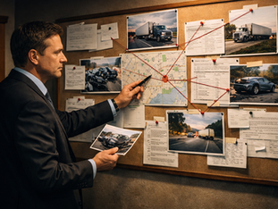 Truck accident lawyer analyzing evidence and accident reports on an investigation board