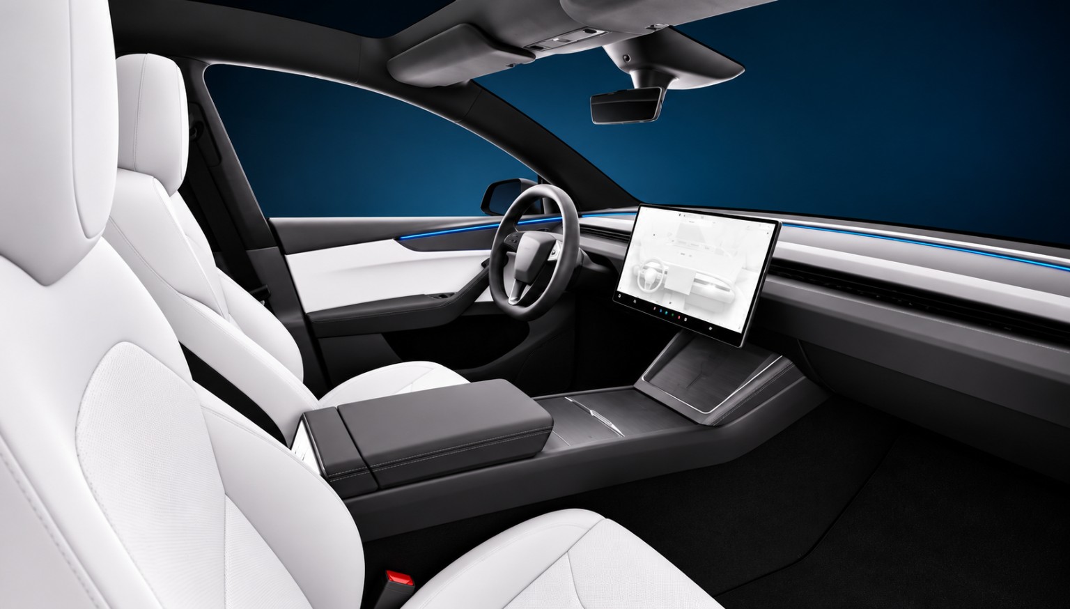 Tesla-style interior photograph: White-seat front cabin · Wide angle