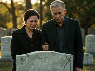 Parents at the grave of their son who was in a fatal car accident.